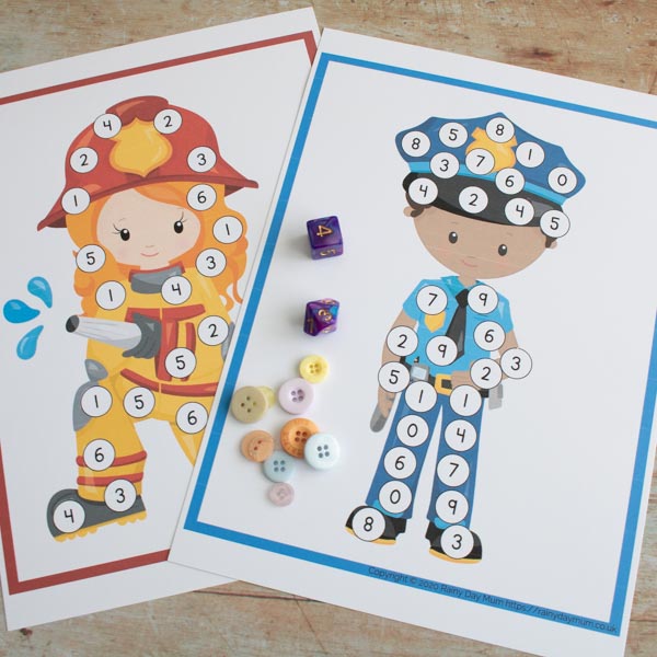 print and play emergency worker roll and cover maths game for preschoolers