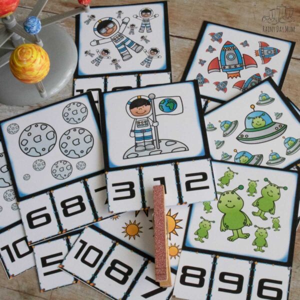 Fun Cartoon Space Themed Count and Clip Cards Numbers 1 to 10