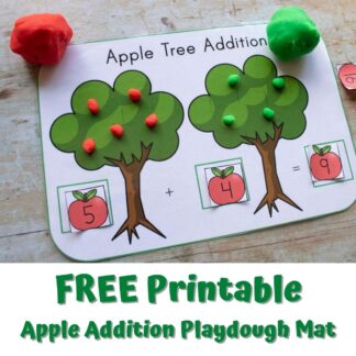 apple tree addition playdough mat in use to add 5 red apples and 4 green apples to make 9 apples