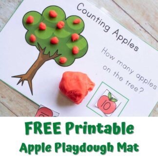 image of a printable apple tree counting playdough mat with text below that reads FREE Printable Apple Playdough Mat