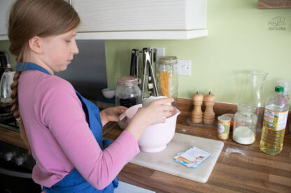 tween using the visual recipe card for easy bread dough to make some bread in homeschool