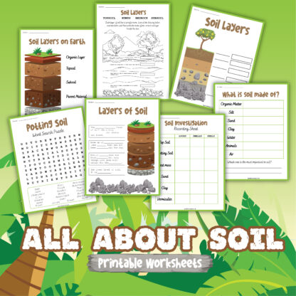 collage of pages from an all about soil activity pack for teaching kids about the different soil layers