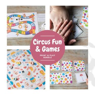 Collage of 3 Printable Circus themed Games for Preschoolers to Print and Play, featured a board game, ispy, snap and memory cards. Text in the centre reads Circus Fun & Games Print and Play Bundle