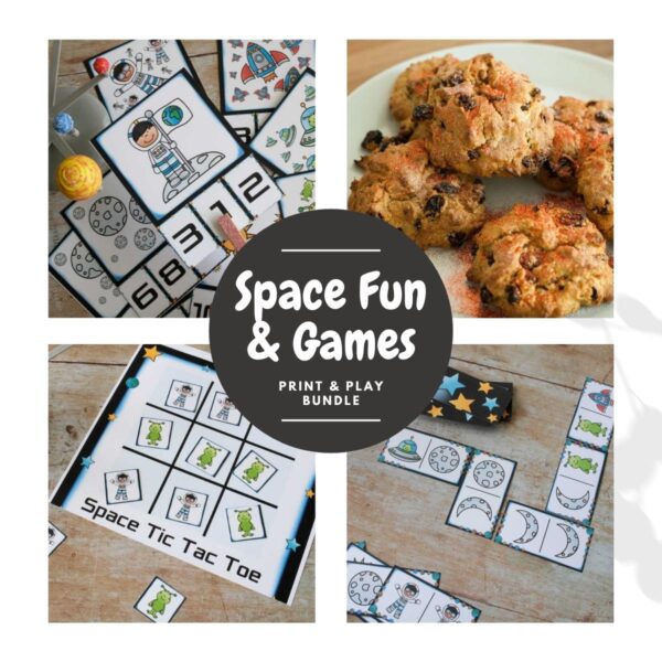 collage of some of the contents of the space fun and games print and play bundle. Include, space count and clip cards, space tic tac toe, dominoes and a bonus recipe card for space rock buns