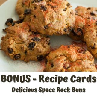 a set of 4 space themed rock buns on a plate with glitter dust on. text on the image reads bonus recipe cards delicious space rock buns