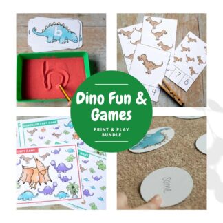 Dinosaur Fun and Games collage of print and play activities, abc dinosaur set of letters for use with a salt tray, t-rex count and clip cards, dinosaur ispy and a egg and dinosaur hatching first 100 sight words game