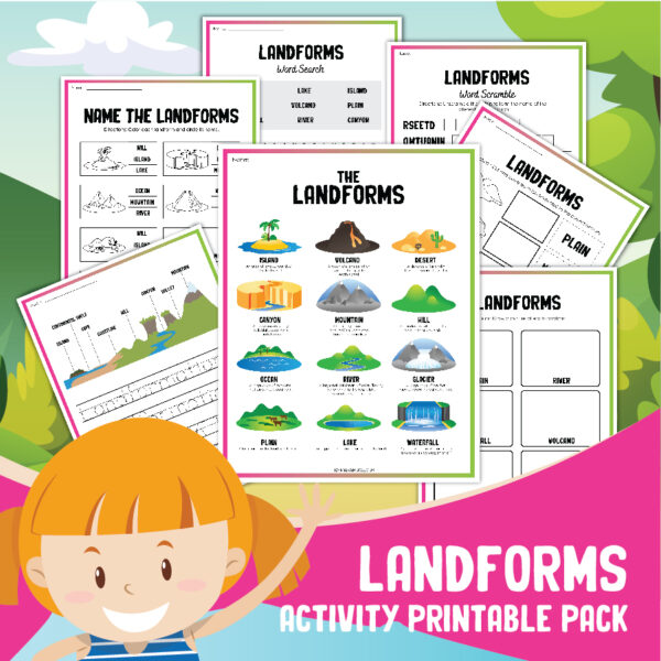 preview of the landforms printable pack from rainy day mum includes a landforms information sheet and more