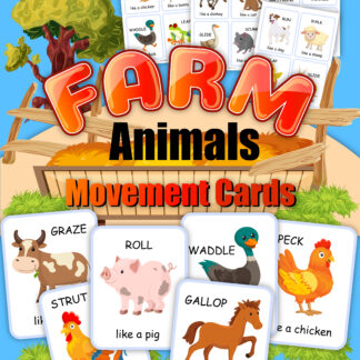 Preview of the farm animal movement game cards from rainy day mum for toddlers and preschoolers to work on fun gross motor skills