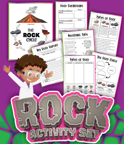 Preview of the pages of a rock cycle activity pack including a testing sheet ideal for hands-on rock sample work with primary key stage 2 children.