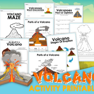 preview of the printable pages from a volcano activity pack for kids includes parts of the volcano, stages of eruption and more
