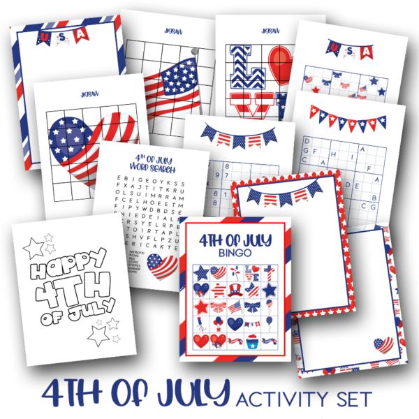 Preview of the 4th of July Activity Pack showing just some of the activities you can find inside including colouring page, bingo game, jigsaw puzzles and multiple versions of sudoku for the whole family to enjoy