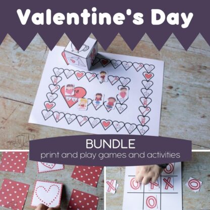 images of 3 of the printable games for Valentine's Day included in the bundle from Rainy Day Mum store
