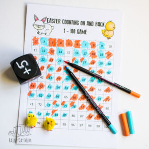 Easter themed game for kids working on subtraction and addition on a white background with 2 little fluffy chicks, pens and a chalkboard die.