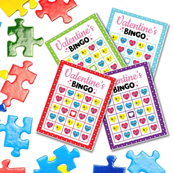 Four sample pages of a Valentine's Day Bingo game with different colours cute heart emjois on a white background with colourful puzzle pieces.