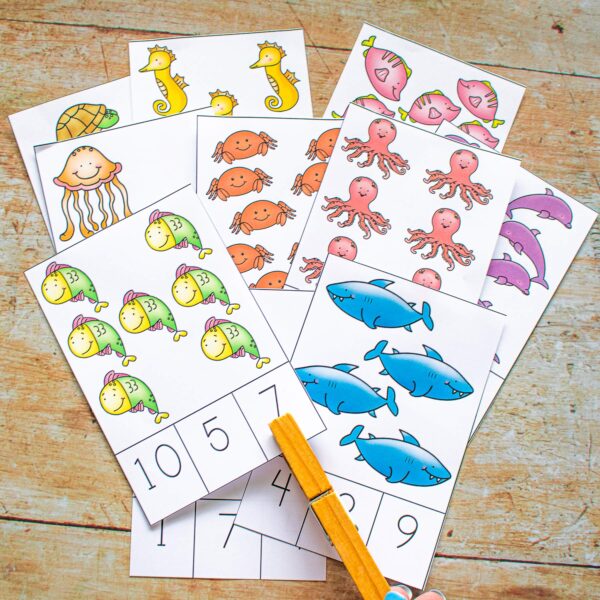 Ocean Animal Count and Clip Cards Sample showing the different creatures and numbers within the pack.