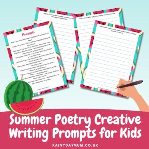 Sample pages of the Summer Poetry Creative Writing Prompts for Kids pack for homeschoolers, home educators, parents and educators. Text below the image reads Summer Poetry Creative Writing Prompts for Kids