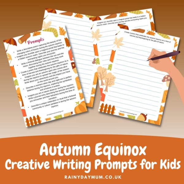 a sample of the pages from the autumn equinox creative writing prompts for kids printable from rainy day mum and rainy day homeschooling