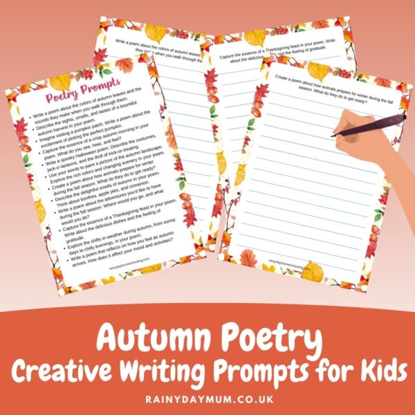 Sample of some of the pages from the Autumn Poetry Creative Writing Prompts for Kids printable from Rainy Day Mum and Rainy Day Homeschooling